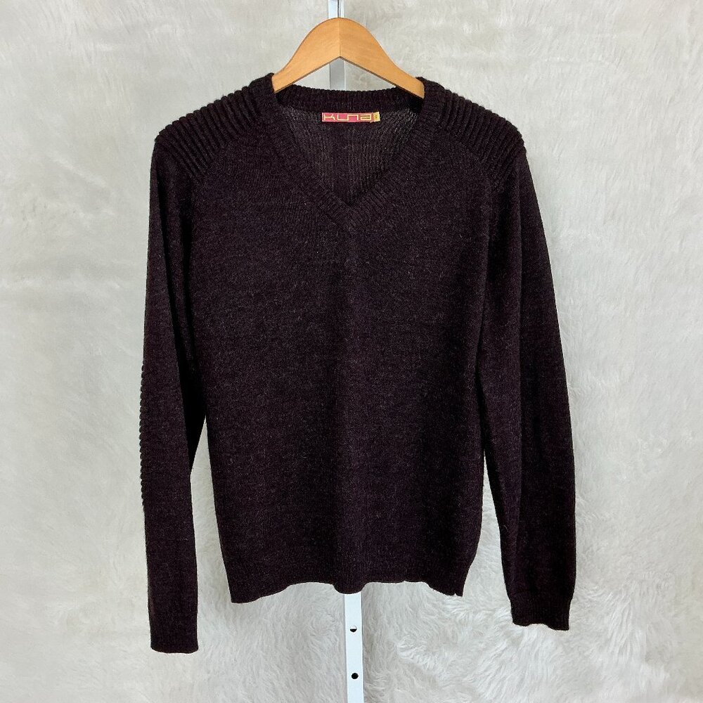Kuna Men's Heather Red Ribbed Shoulders & Elbows Baby Alpaca V-Neck Sweater S